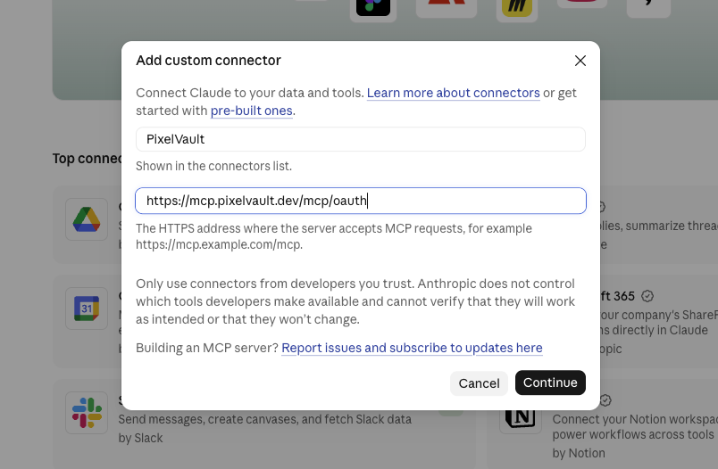 Claude's Add custom connector dialog with the PixelVault name and MCP OAuth server URL.